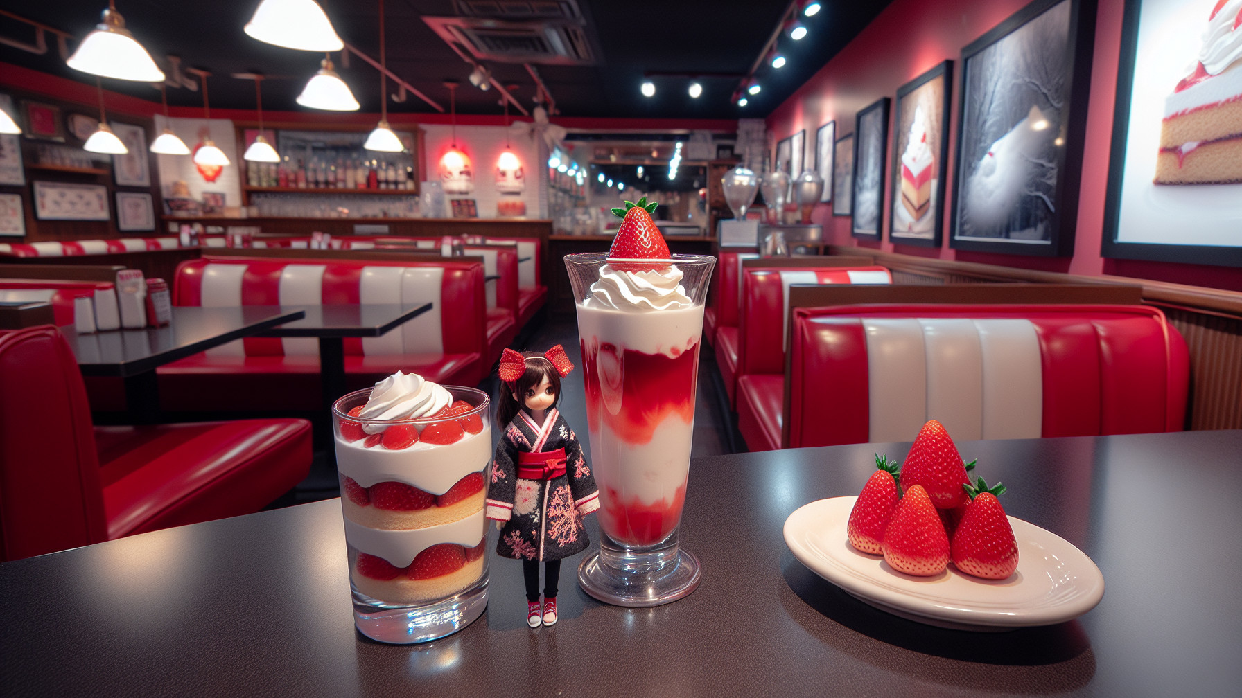 Cozy diner with red and white decor and desserts