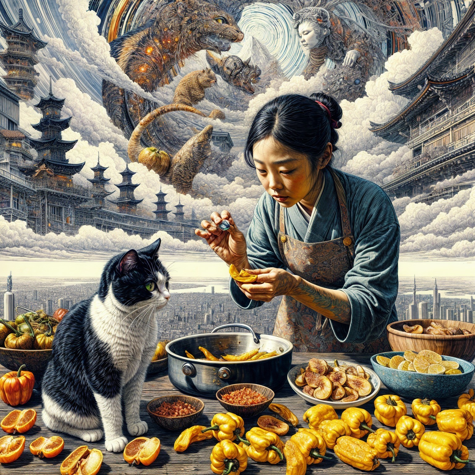 Surreal Culinary Scene with Traditional Attire and Creatures
