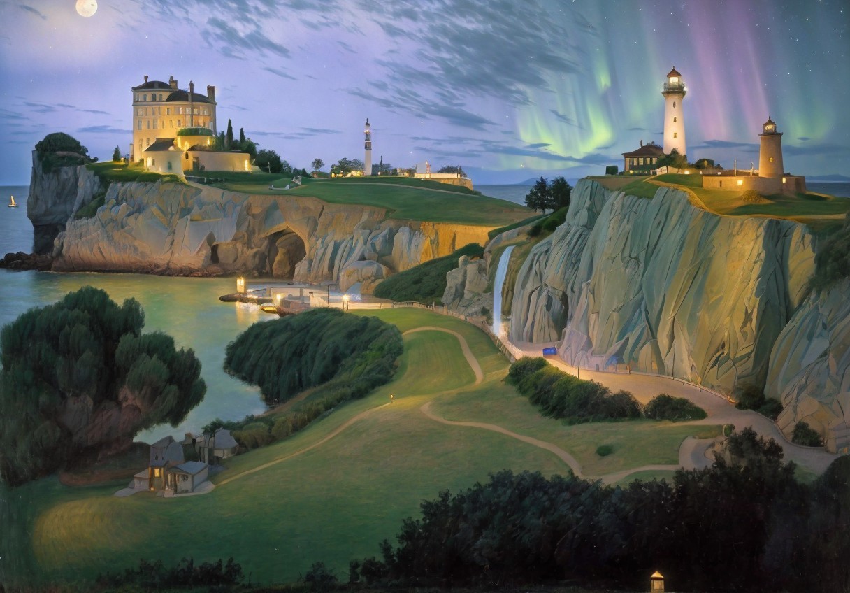 Coastal Landscape with Lighthouse and Castle Under Aurora