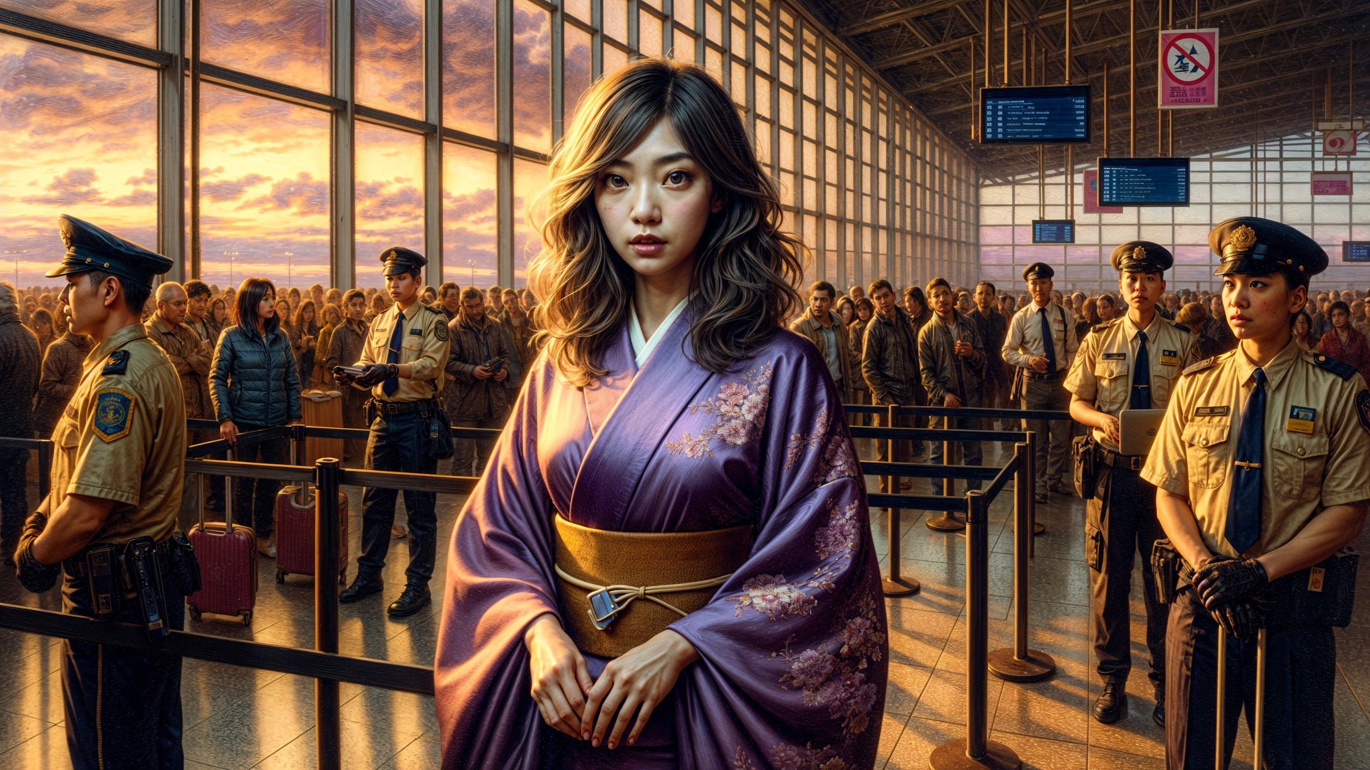 Young Woman in Kimono at Busy Airport Terminal