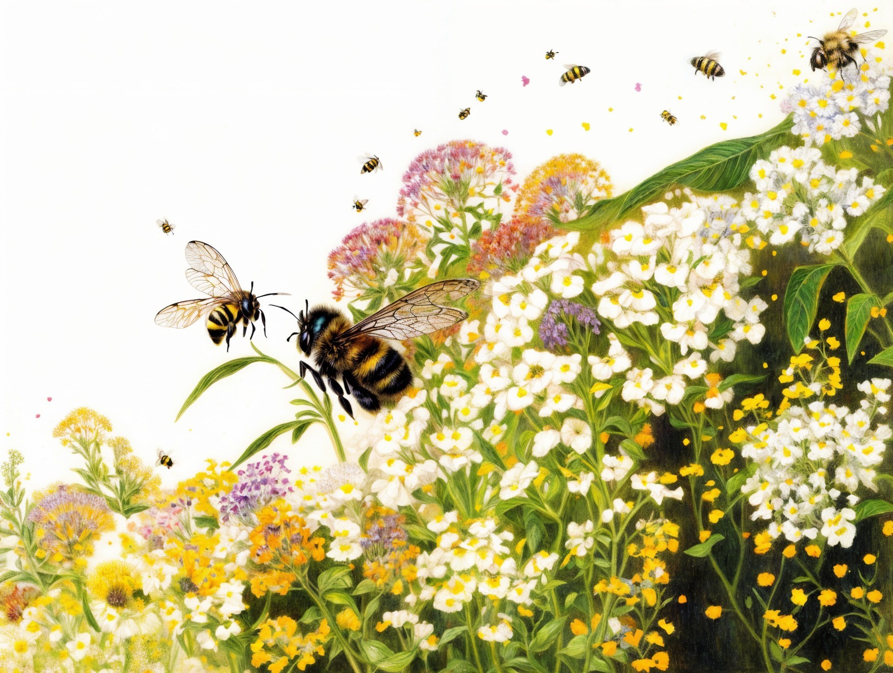 Vibrant Flower Scene with Pollinating Bees
