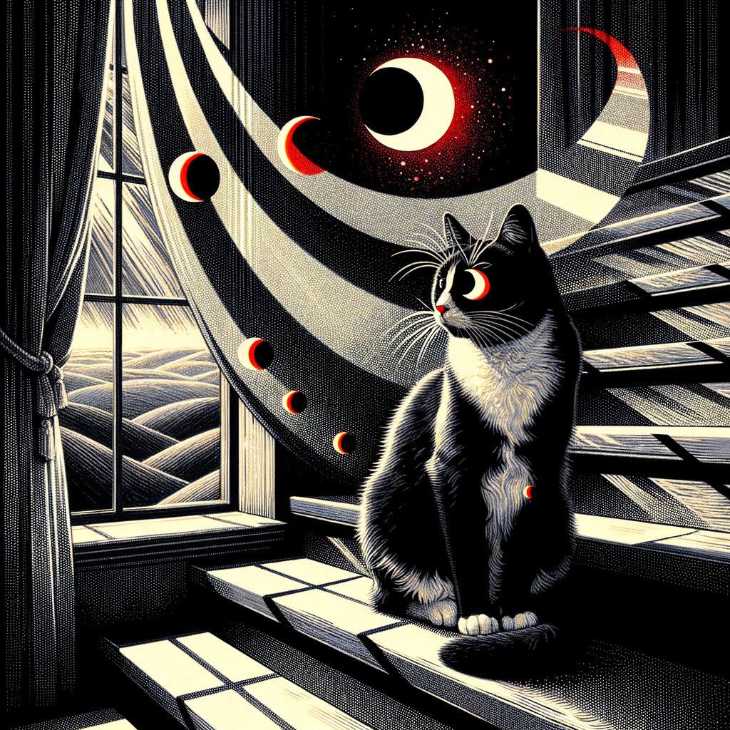 Black and White Illustration of Cat on Staircase