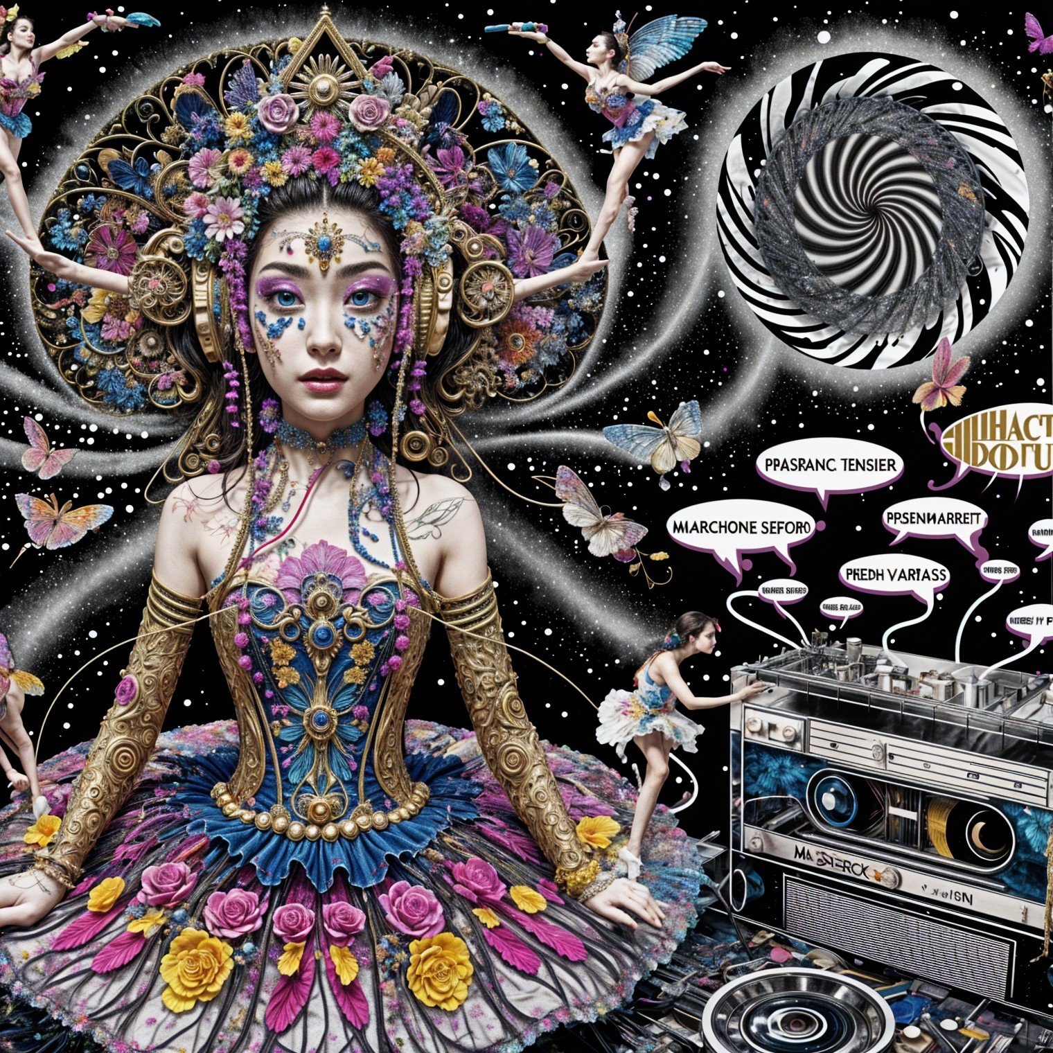 Surreal Artwork with Floral Gown and Cosmic Backdrop