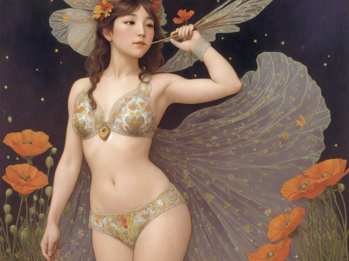 Whimsical Figure in Floral Lingerie Among Poppies