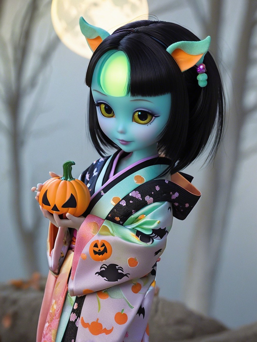 Whimsical Doll in Kimono with Pumpkin and Moonlight