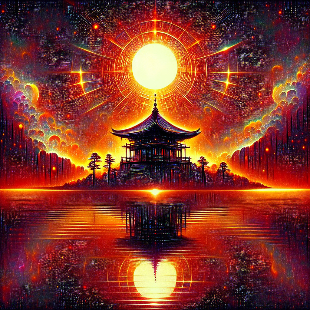 Surreal Landscape with Pagoda and Colossal Sun