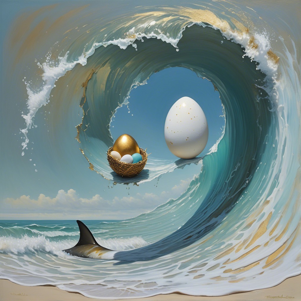 Surreal Coastal Scene with Waves and Nesting Eggs