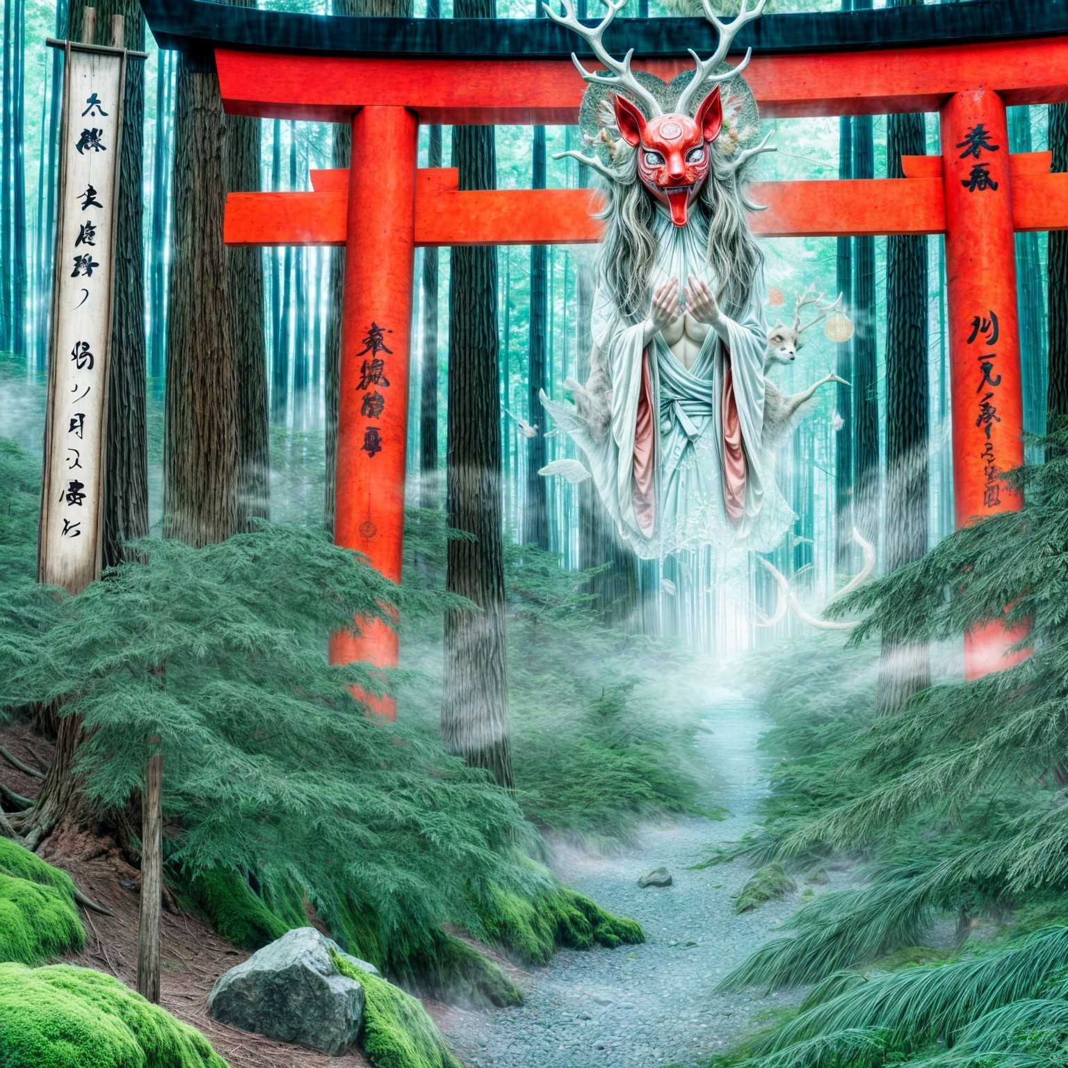 Mystical Forest Pathway with Torii Gates and Specter