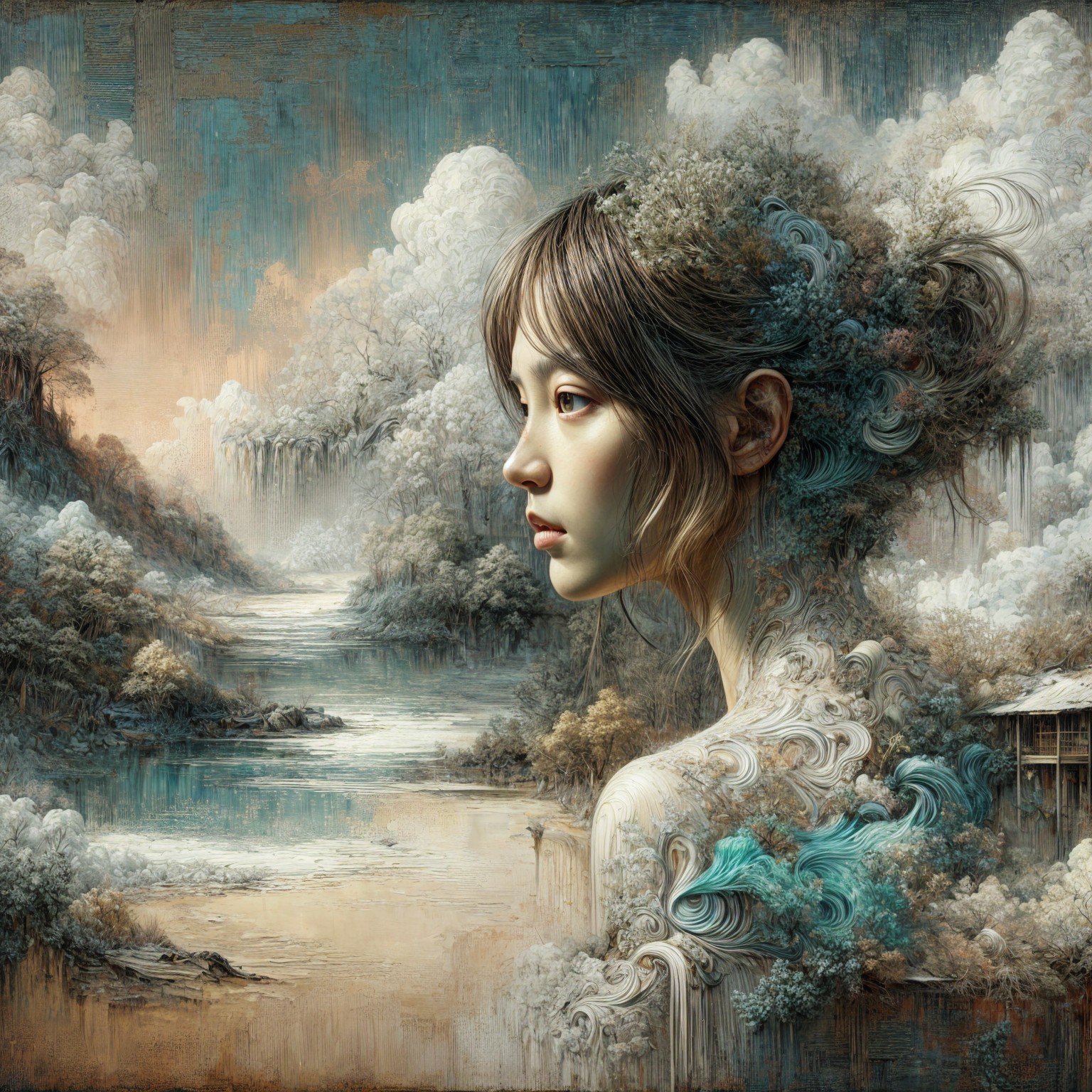 Surreal Portrait of Woman Merged with Landscape Elements