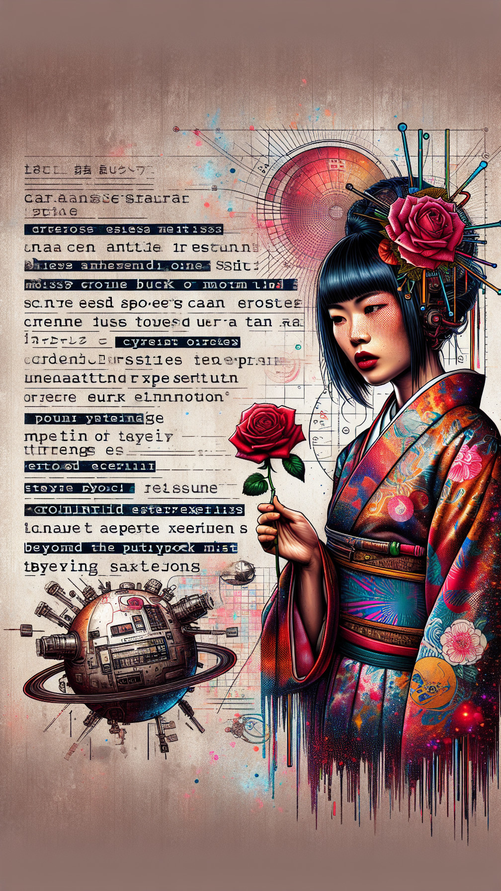 Artwork of Woman in Kimono with Futuristic Background