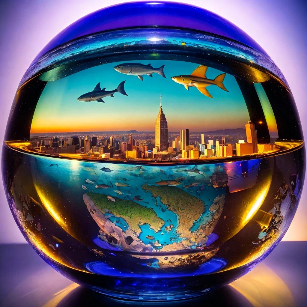 Glass Fishbowl with Cityscape and Underwater Scene