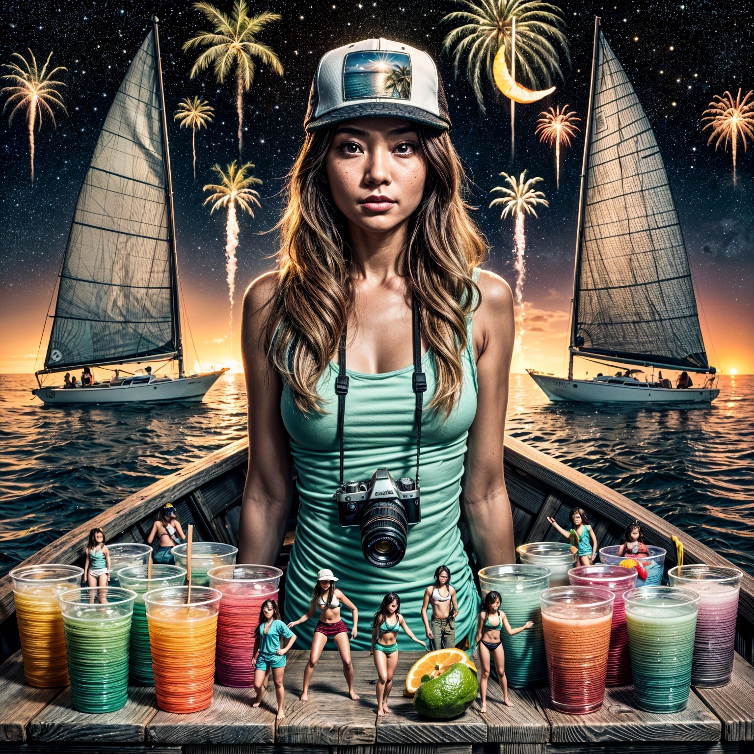 Woman on Boat with Colorful Drinks and Sunset View