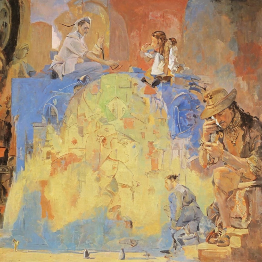 Vibrant Abstract Composition with Figures in Activities