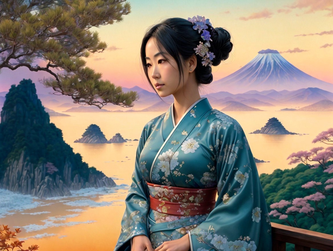 Young Woman in Kimono with Mount Fuji at Sunset