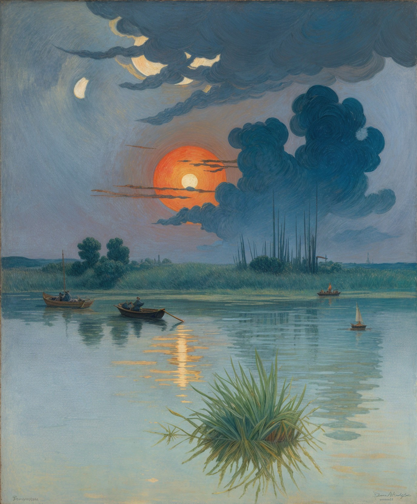 Tranquil River at Sunset with Boats and Lush Shoreline