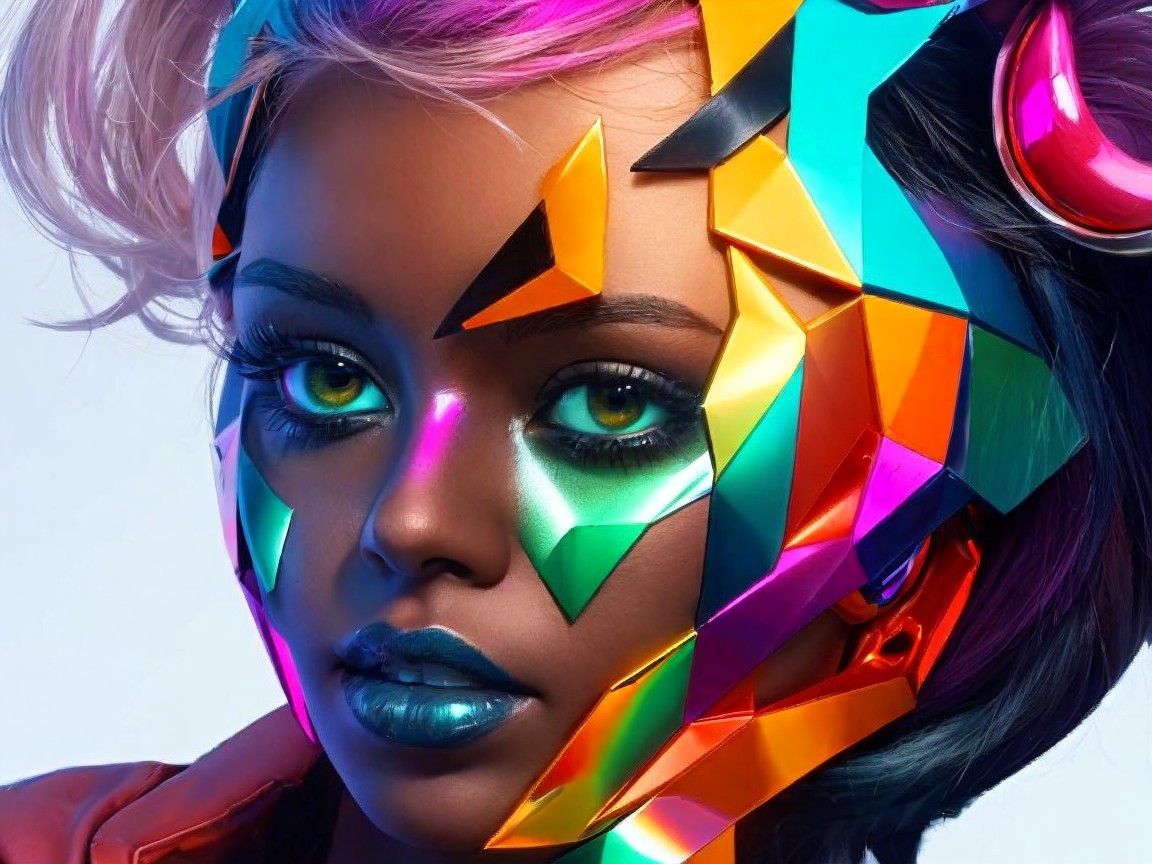 Portrait of a model with vibrant geometric face art