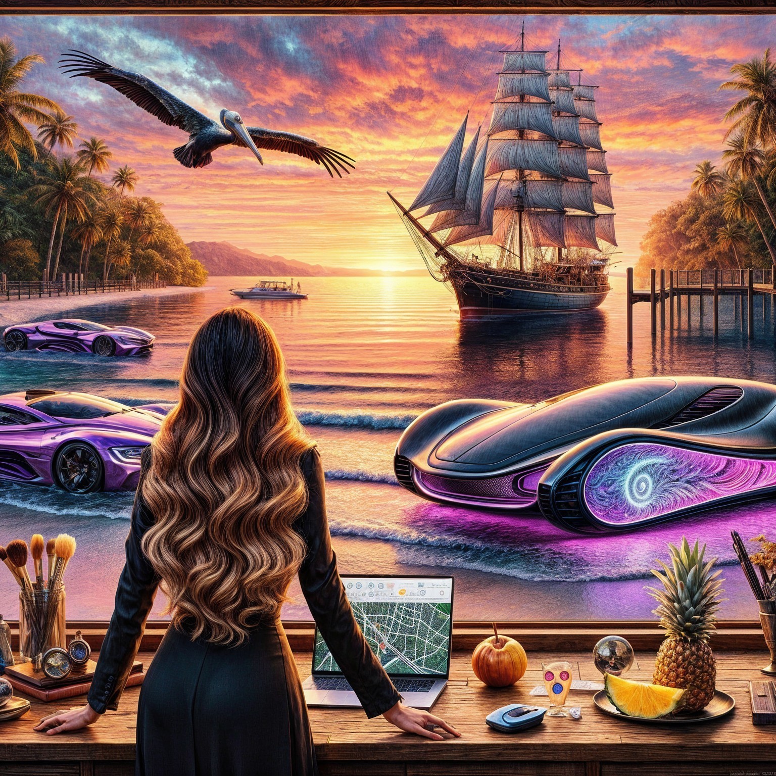 Futuristic Scene with Woman, Sunset, and Ocean Elements