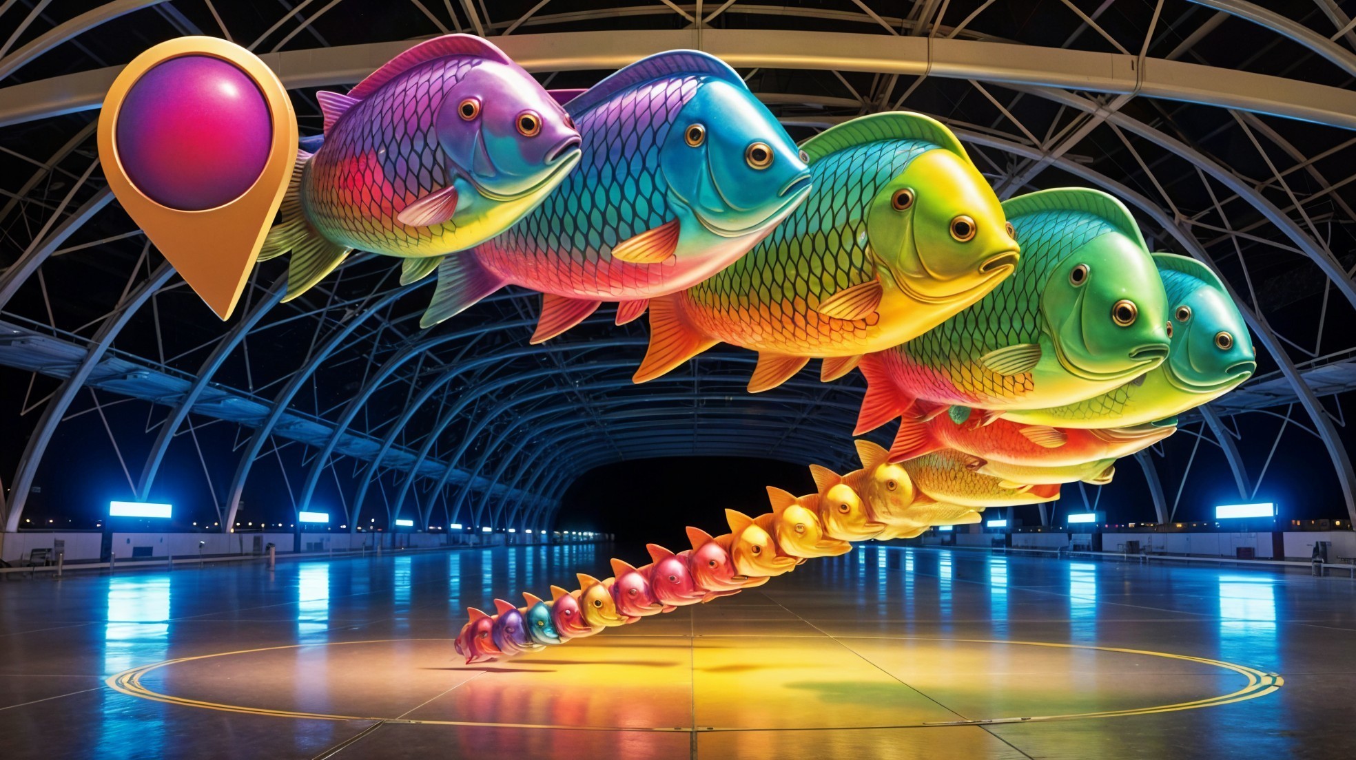 Vibrant Surreal Art Installation of Colorful Fish