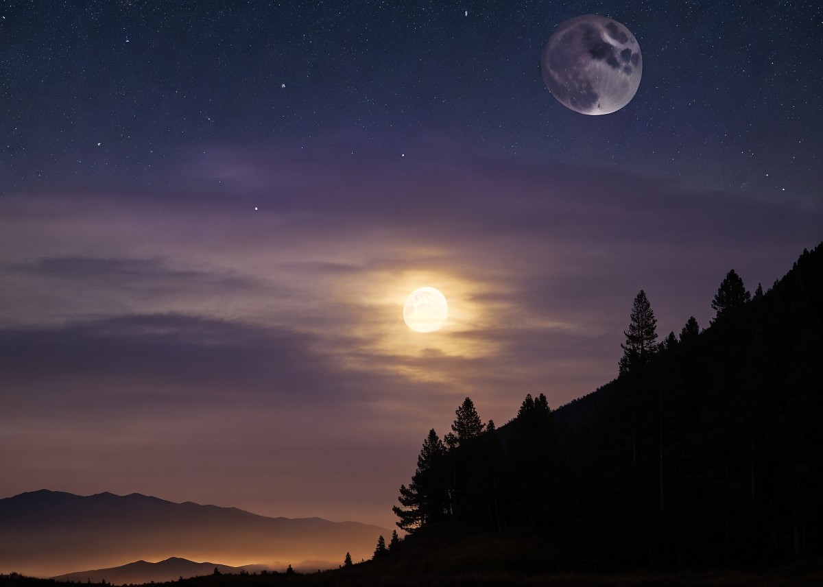 Serene Night Scene with Moon and Starry Sky