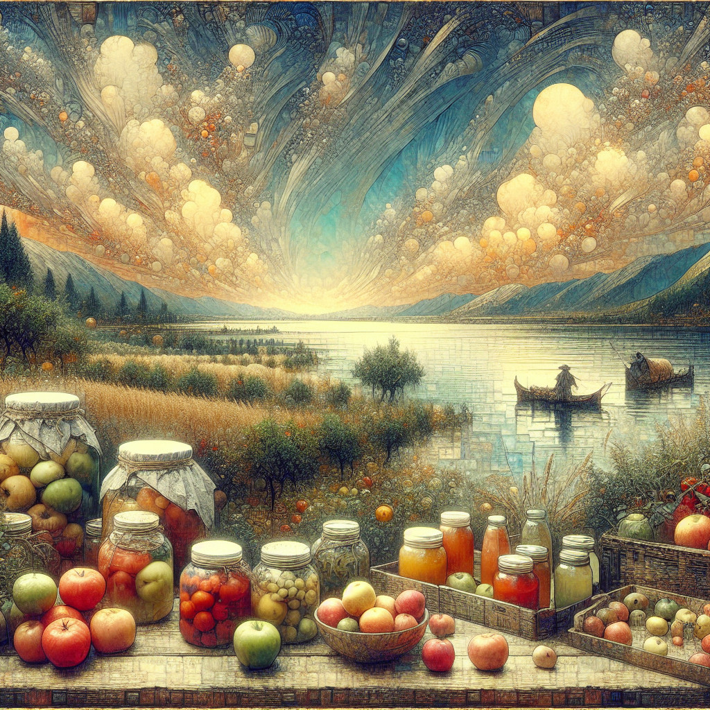 Lakeside Scene with Jars of Fruits and Sunset Views