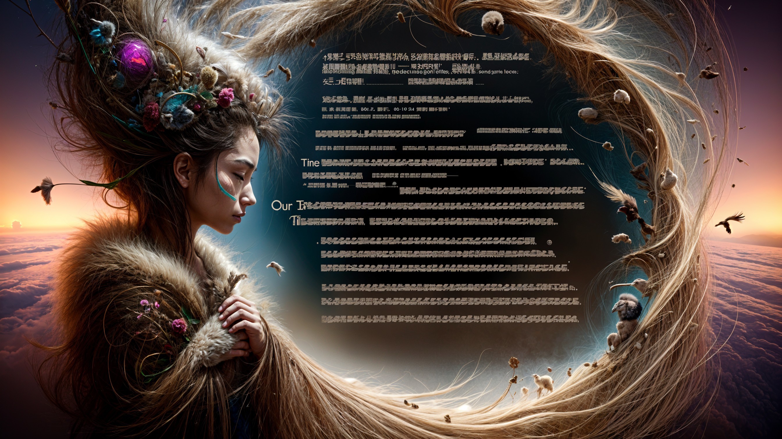 Young woman with flowing hair and colorful orbs