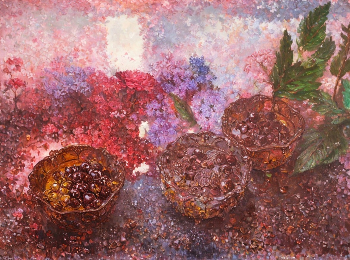 Ornate Bowls with Dark Fruits and Colorful Flowers