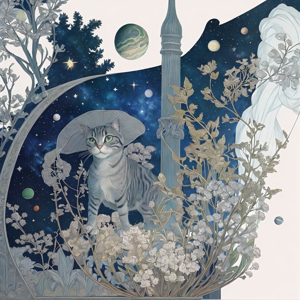 Whimsical Cat in Hat Among Flowers and Stars