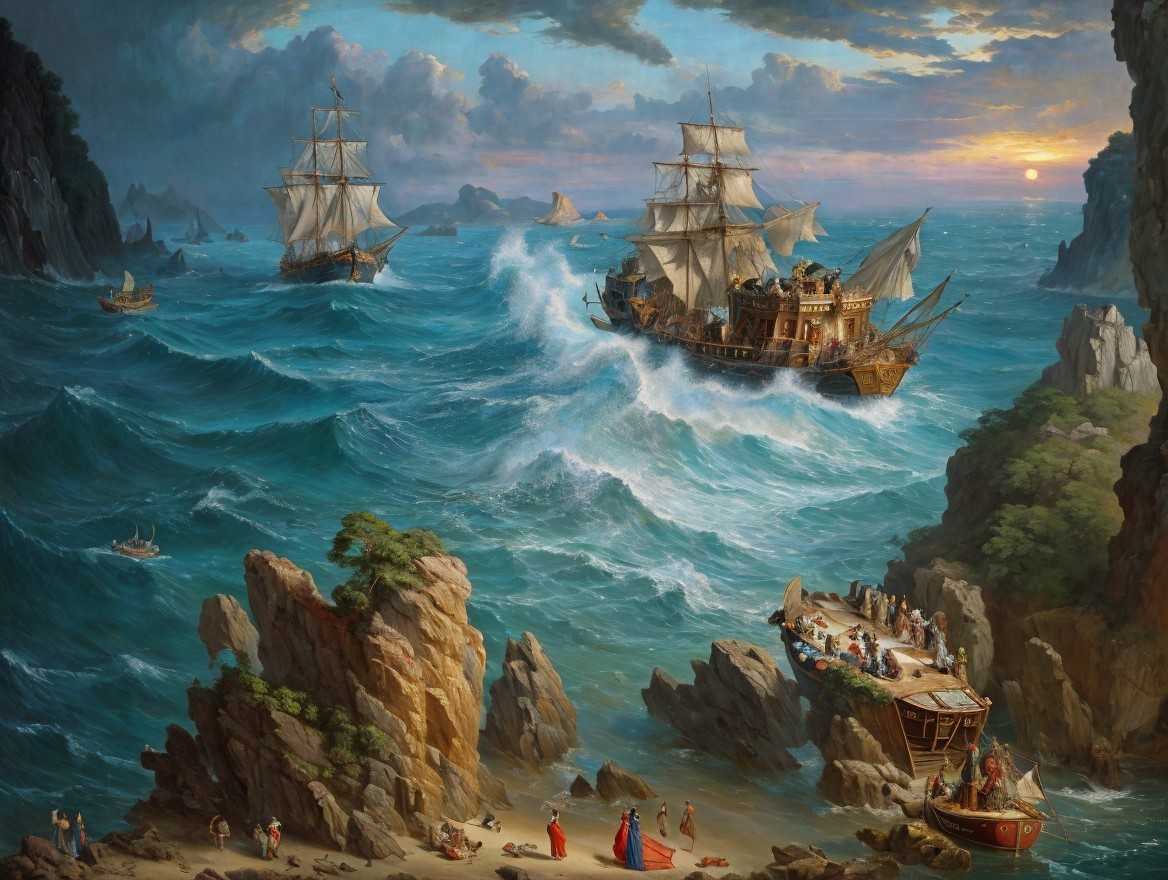 Dramatic Seascape with Ships and Rocky Cliffs
