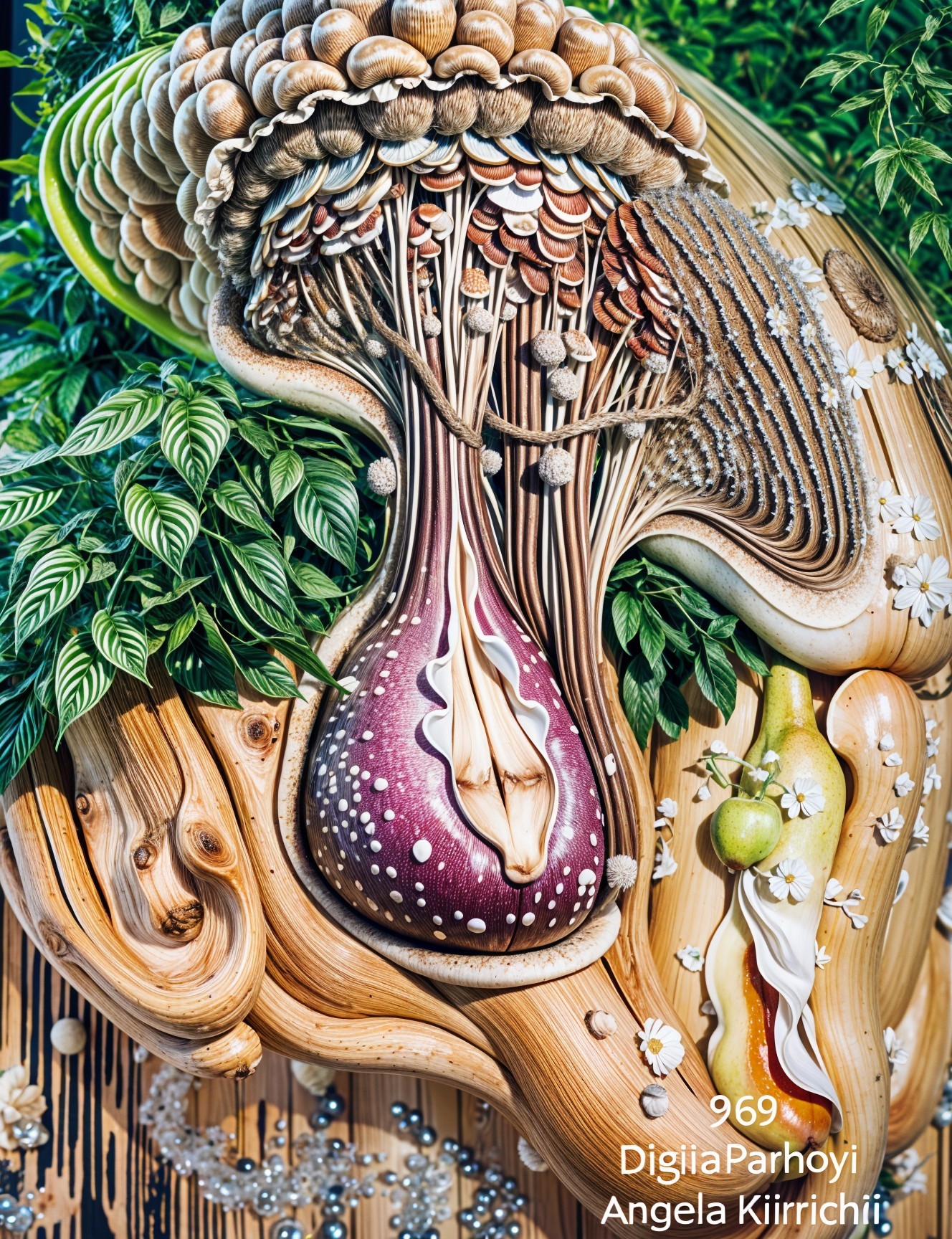 Intricate Wooden Sculpture of Oversized Mushroom and Foliage