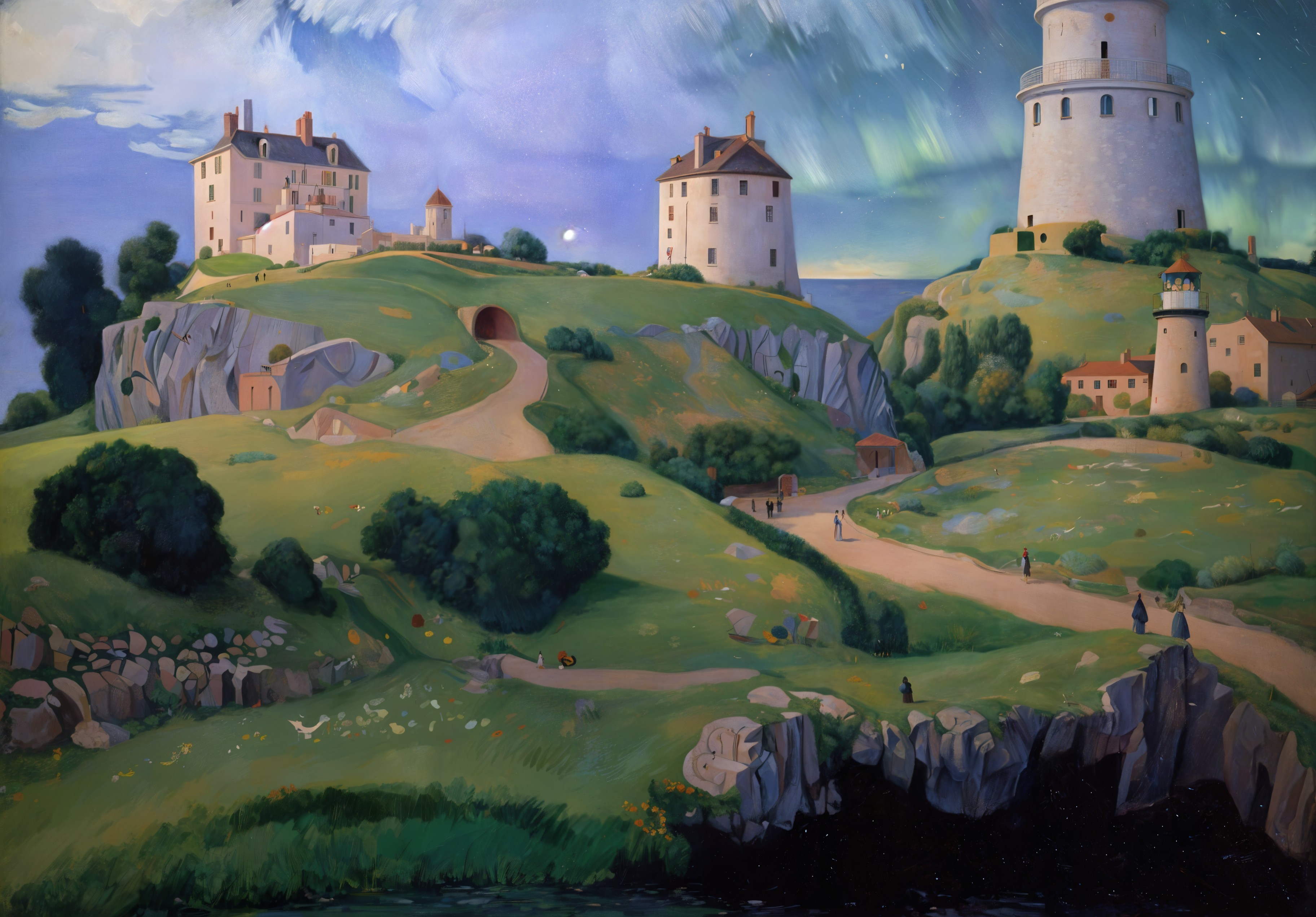 Serene Landscape with Hills, Houses, and Auroras