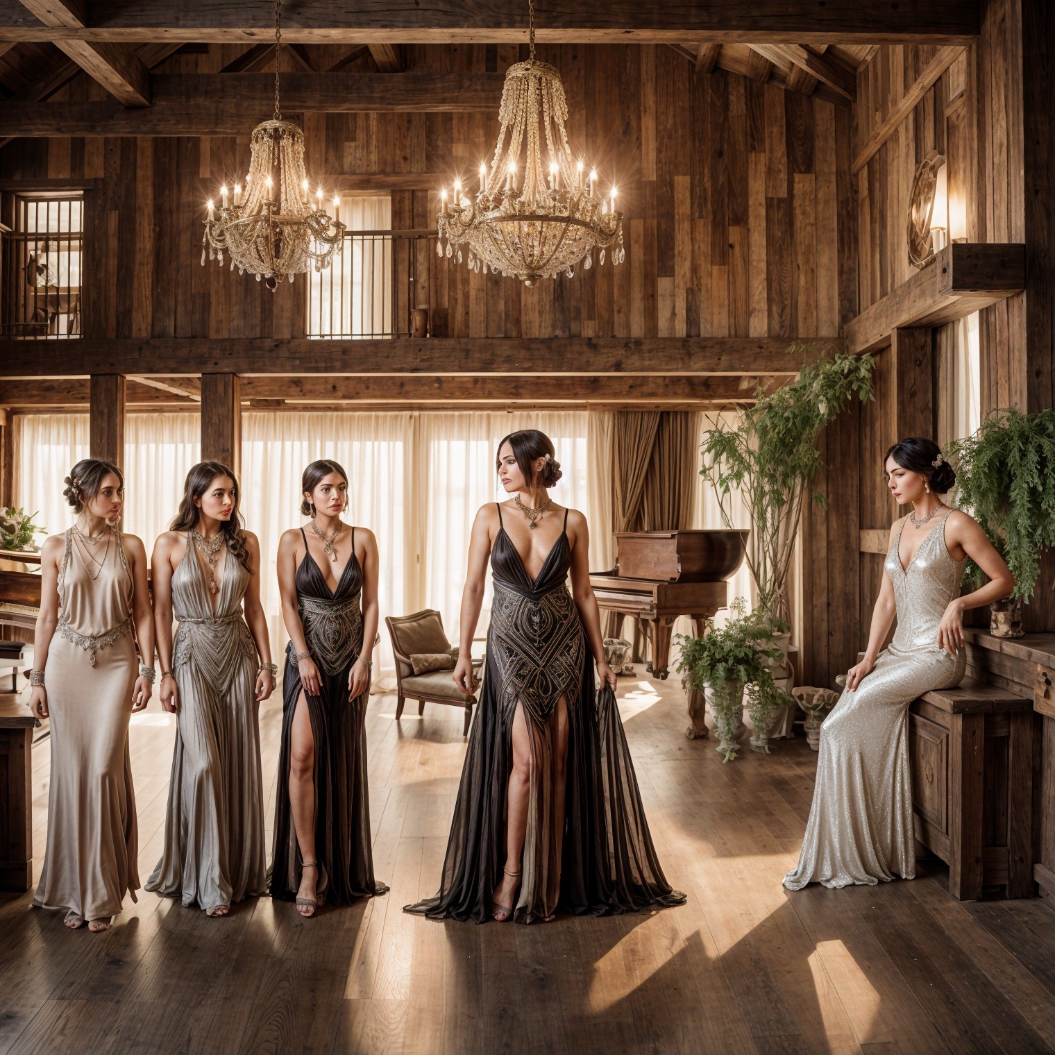Elegant Evening Gowns in Rustic Wooden Venue