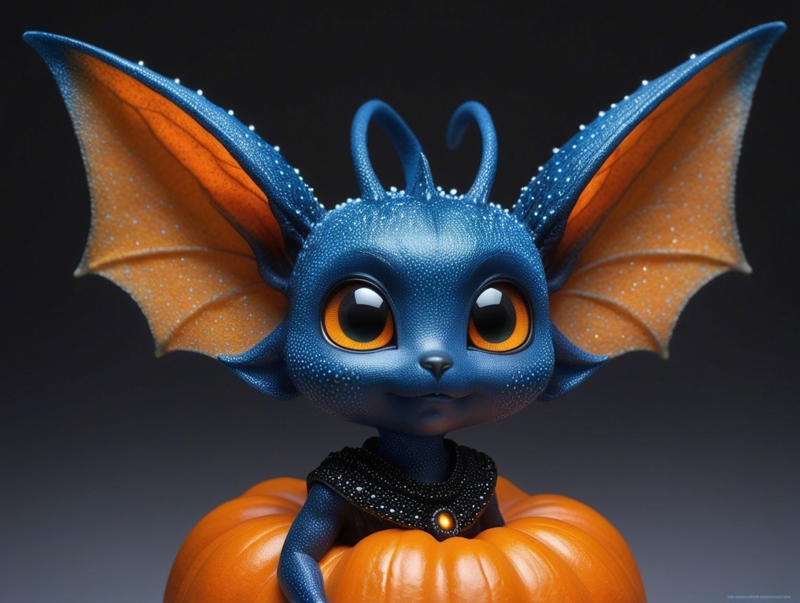 Whimsical Blue Creature with Bat Wings from Pumpkin