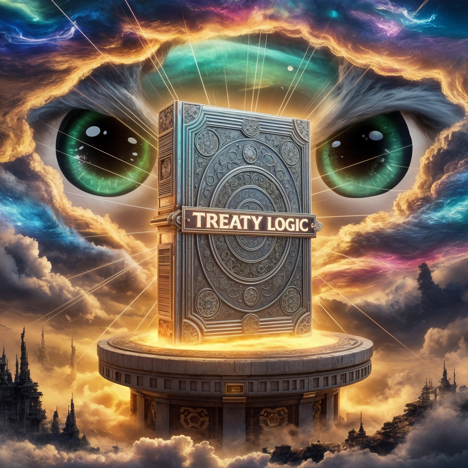 Ancient Book "Treaty Logic" in Surreal Landscape