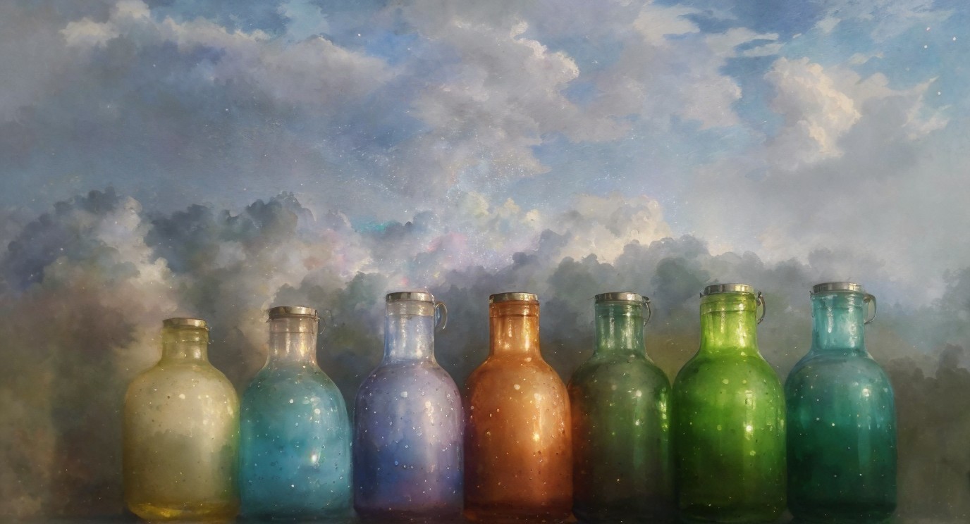 Collection of Eight Glass Bottles with Colorful Liquids