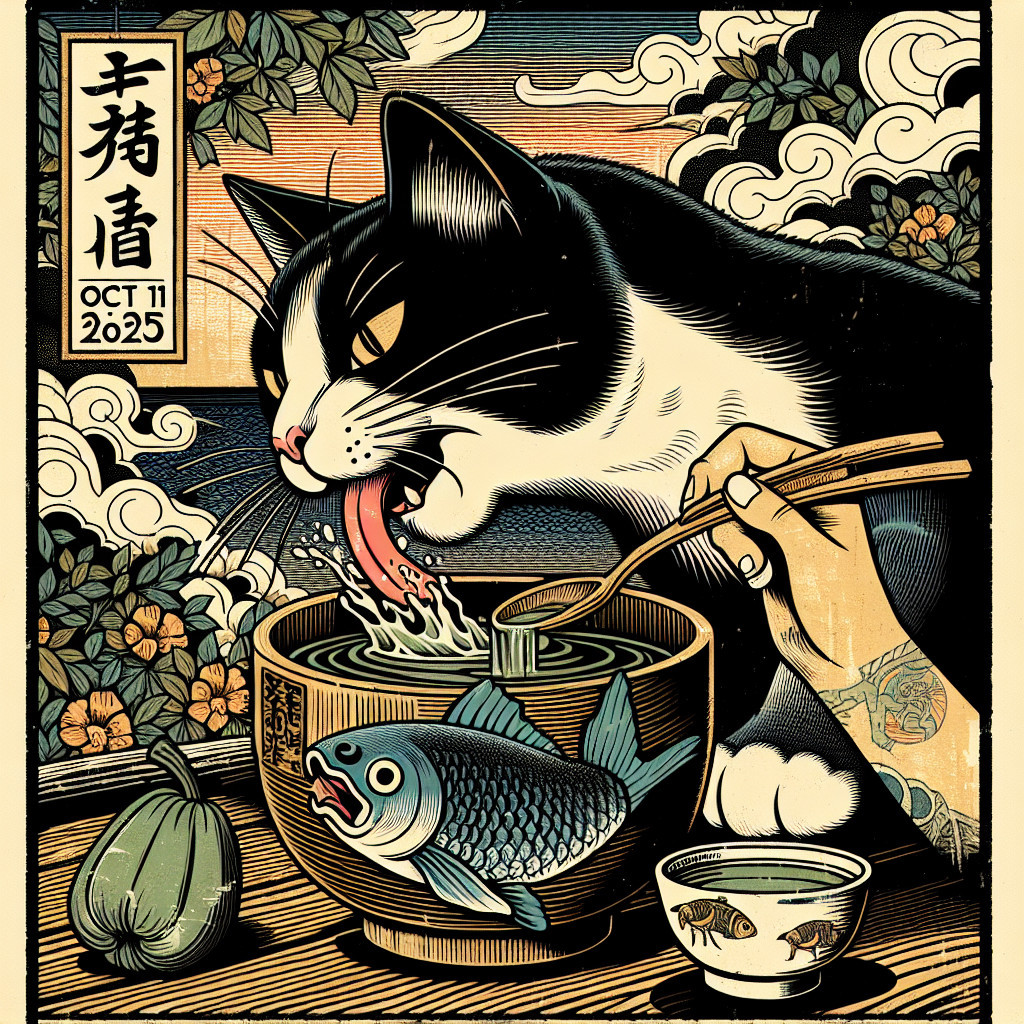 Whimsical Cat Enjoying Ramen with Chopsticks and Clouds