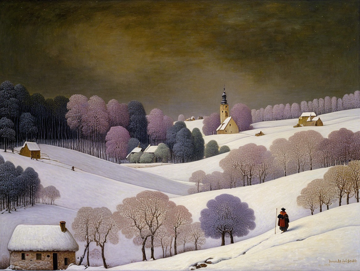 Serene Winter Landscape with Snow and Village Scene