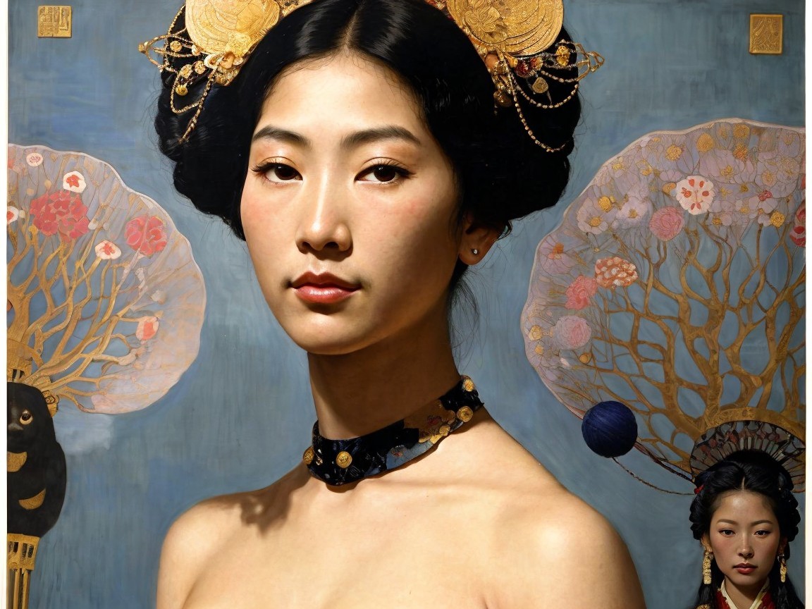 Elegant woman in traditional attire with floral backdrop