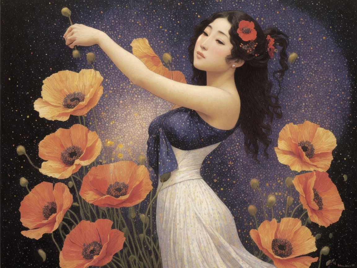 Woman in Flowing Dress Among Orange Poppies