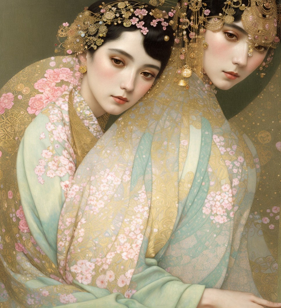 Elegant Women in Traditional Garments with Floral Motifs