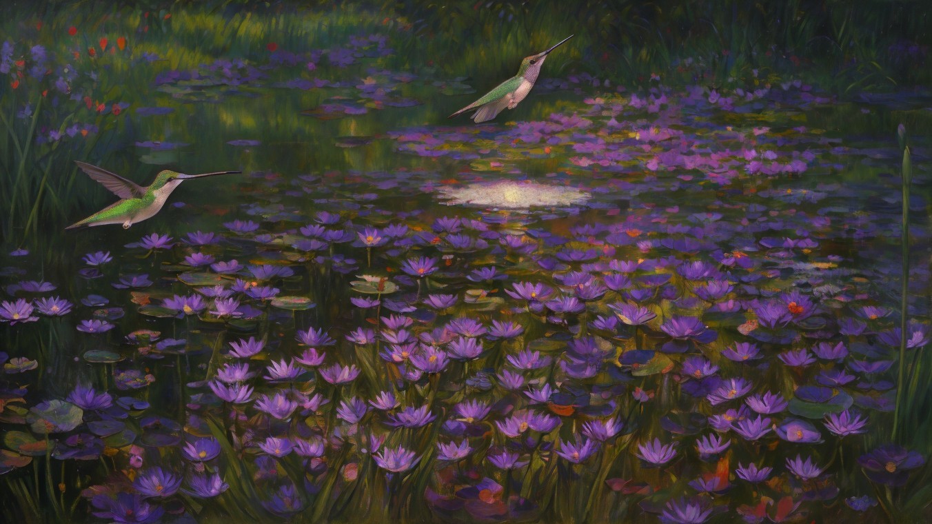 Serene Pond with Purple Water Lilies and Hummingbirds
