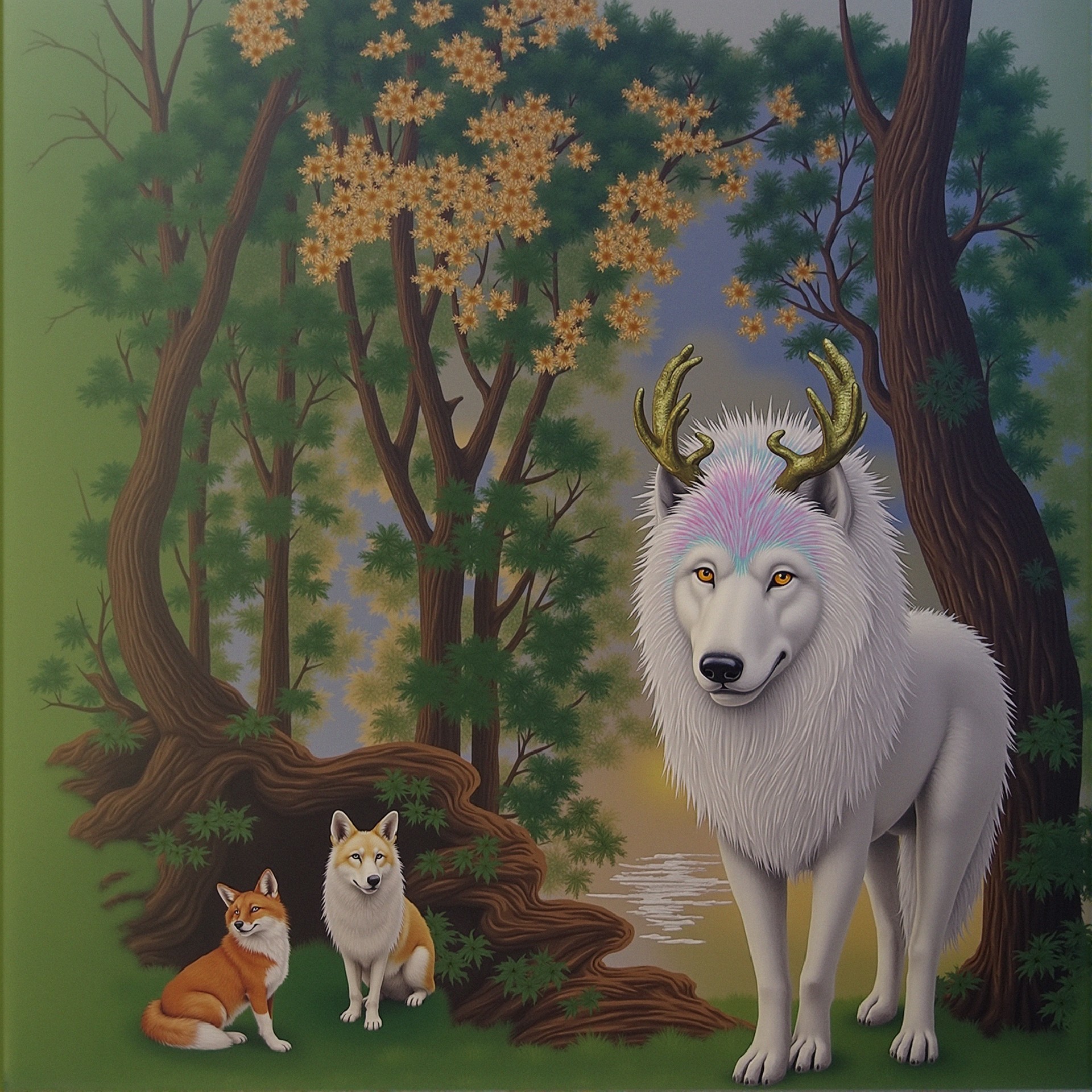 Serene forest scene with three wolves and trees