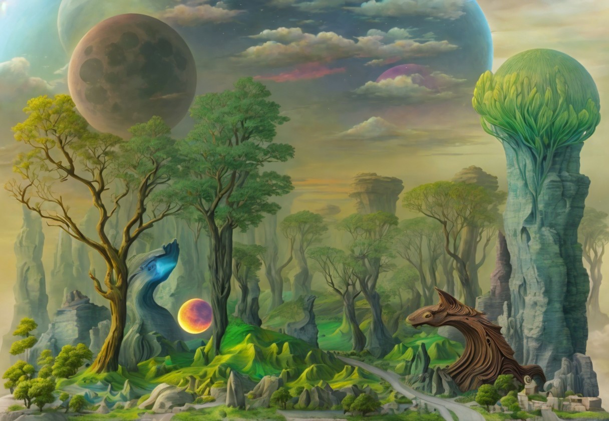 Surreal Landscape with Mystical Creatures and Celestial Bodies