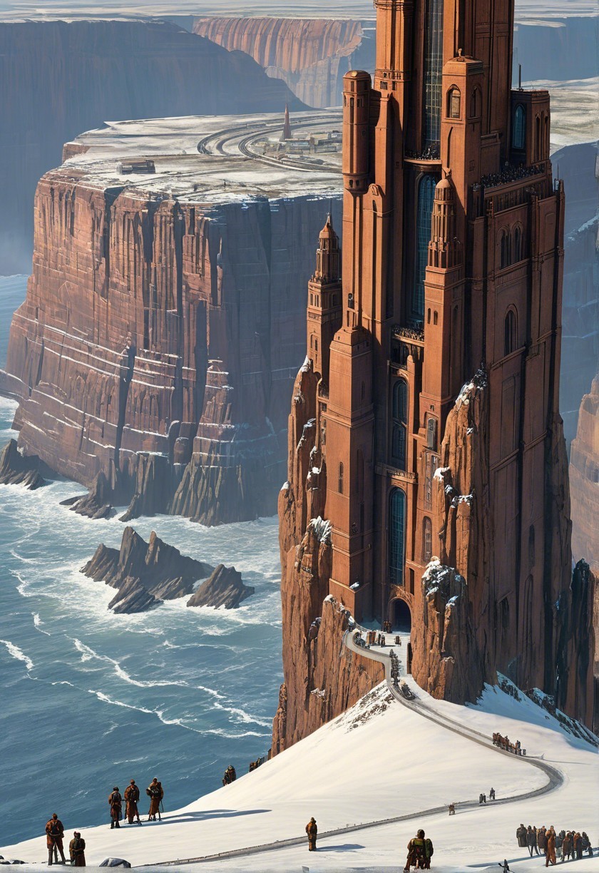 Dramatic Landscape with Ornate Structure on Cliff