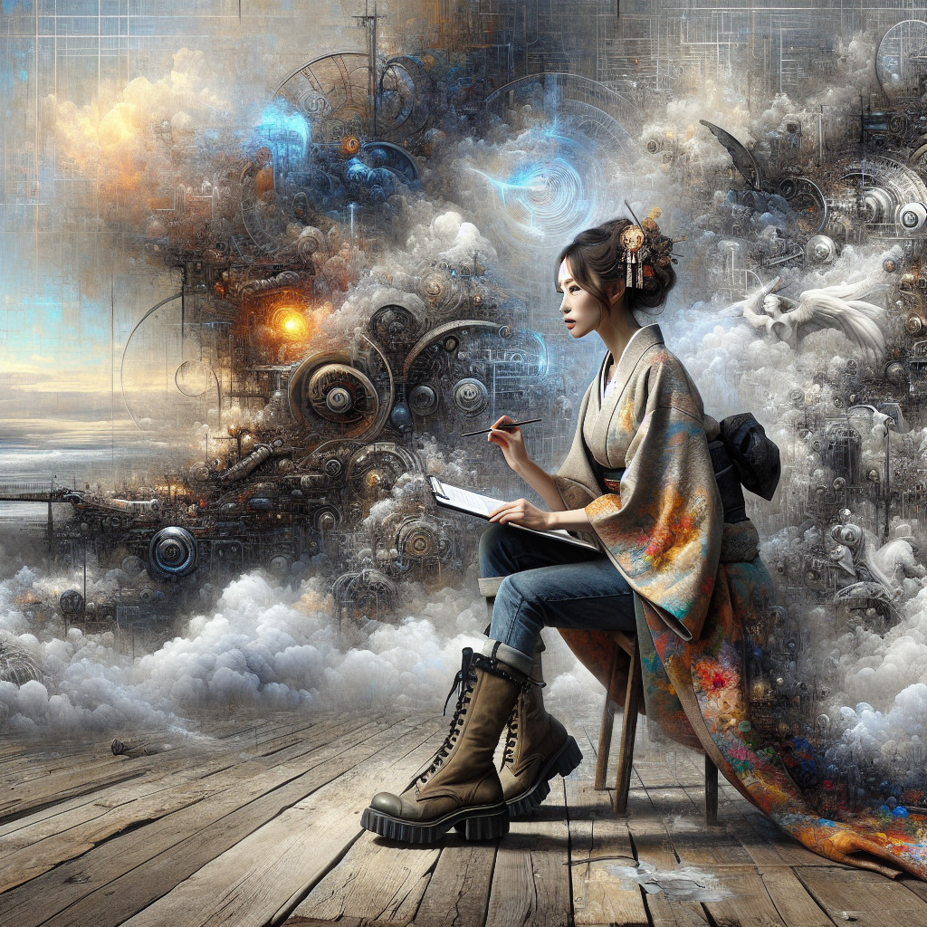 Whimsical Digital Painting of Woman in Kimono and Jeans