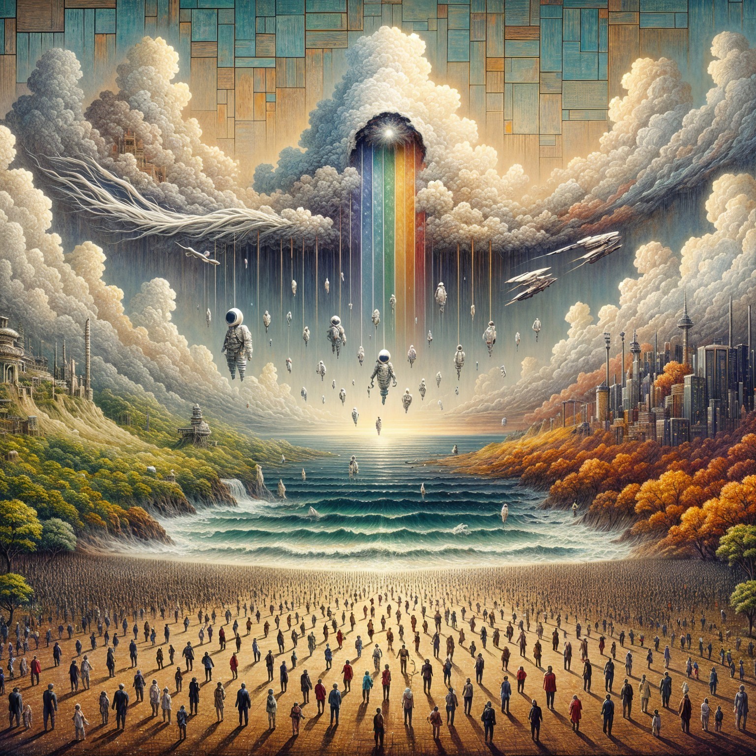 Surreal Beach Scene with Cosmic Elements and Crowd