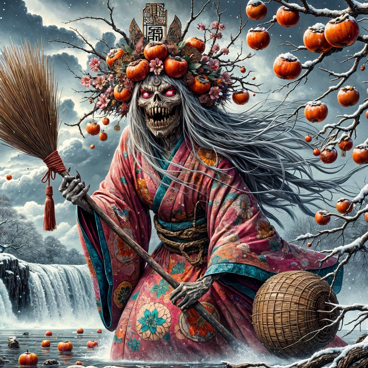 Haunting Figure in Kimono by Waterfall with Pumpkins