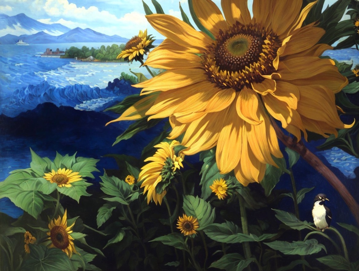 Vibrant Landscape with Sunflowers and Ocean Waves
