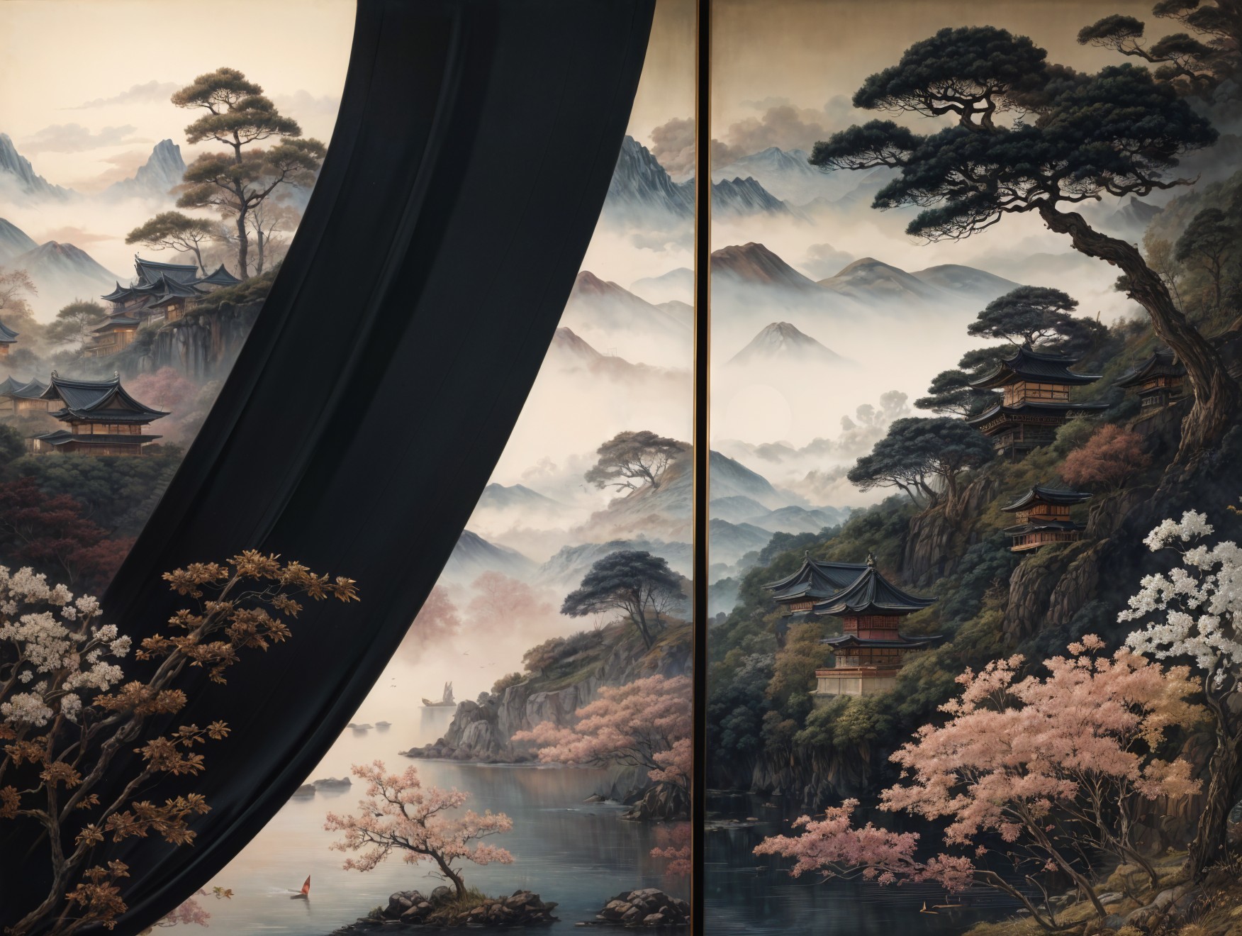 Misty Mountains and Tranquil Waters with Pagodas