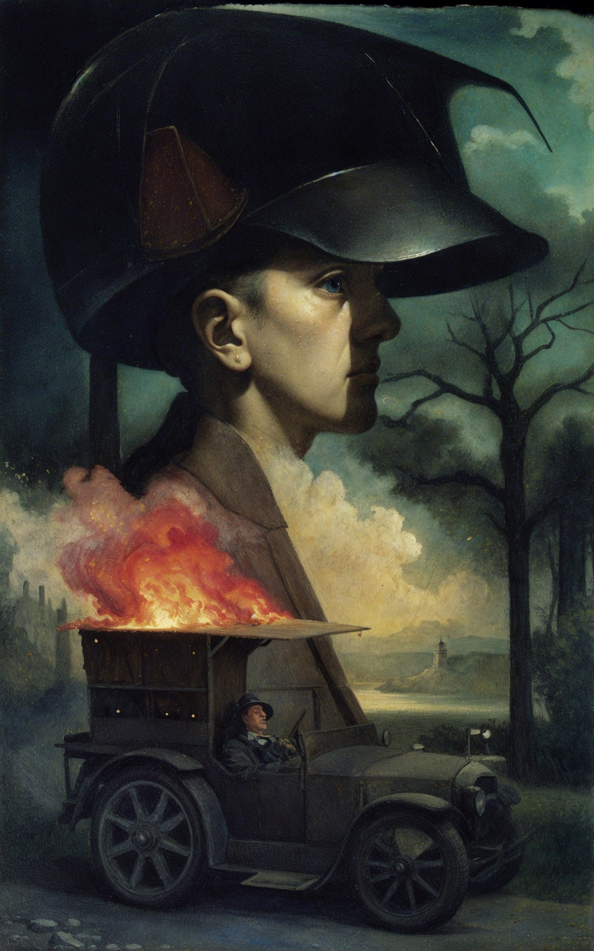 Surreal Artwork of Woman, Car Fire, and Dark Landscape
