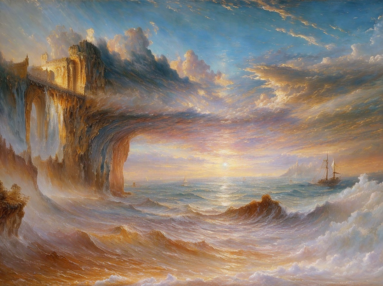Sunset Over Coastline with Bridge and Castle Scene